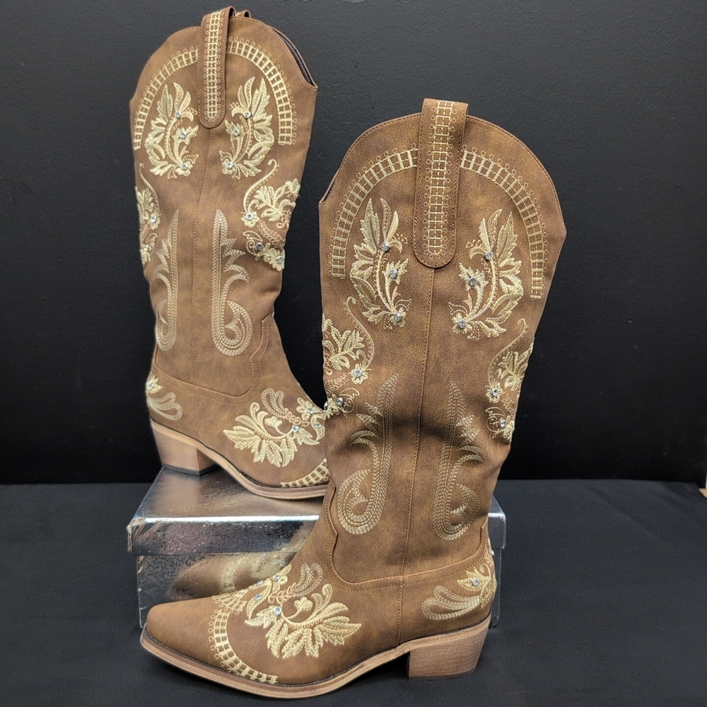 Women's Embroidered Rhinestones Knee High Pointed Toe Cowgirl Boots US 10 Brown